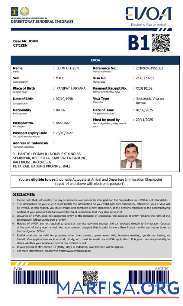 Realistic Indonesia e visa template in Word and Pdf formats, version 2